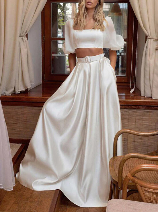 Luolandi Two-piece Square Neckline Wedding Dress With A-Line Flutter Sleeves Floor Length Simple Formal Dress